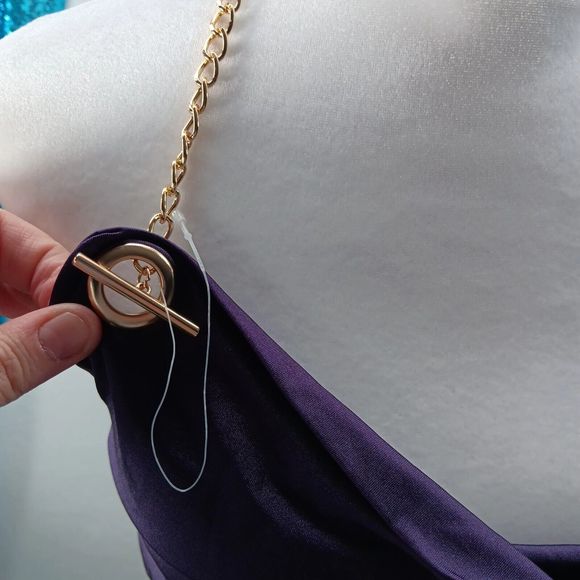 NWT Thirty Thirty Size S Cowl Neck Gold Chain Accent Tube Top Purple Stretch - Picture 3 of 12